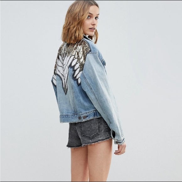 Free People Sequin Glam Denim Jacket in Indigo Blue Size Small - Picture 1 of 14